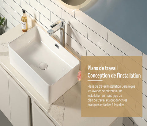 HOROW F09R-S5535W1 Waschbecken aus Keramik für Gäste-WC – Weiß, m it dünnem Rand, Überlauf & Pop-up-Ventil