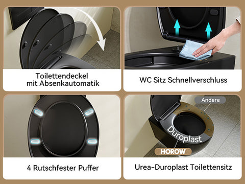 HOROW UG09R-B Wand-WC spülrandlos | WC Sitz mit Absenkautomatik | Superspin Spülung | schwarz | Geräuscharmes Spülen | Keramik