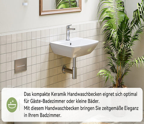 HOROW F08R-S4842W Waschbecken aus Keramik– Weißes Aufsatzwaschbecken mit Überlauf & 1 Hahnloch, 48×42 cm