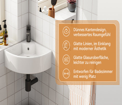 HOROW F08R-T4633W Eckiges Waschbecken 32×32 cm – Kleines Wand- & Aufsatzwaschbecken mit Hahnloch, Dünner Rand
