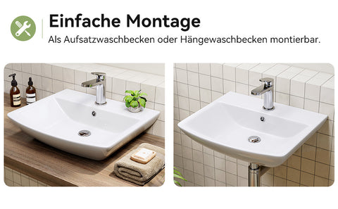 HOROW F08R-S4842W Waschbecken aus Keramik– Weißes Aufsatzwaschbecken mit Überlauf & 1 Hahnloch, 48×42 cm