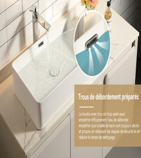 HOROW F09R-S5535W1 Waschbecken aus Keramik für Gäste-WC – Weiß, m it dünnem Rand, Überlauf & Pop-up-Ventil