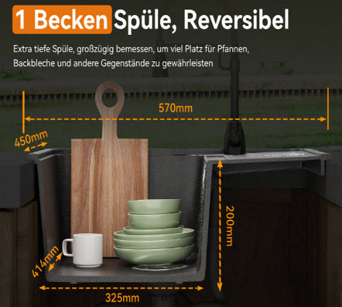 HOROW A09S-S5745B Granitspüle Schwarz 57×45 cm – Einbauspüle mit Siphon & Überlauf, reversibel, 1 Becken
