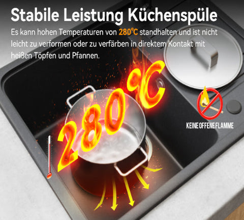 HOROW A09S-S5745B Granitspüle Schwarz 57×45 cm – Einbauspüle mit Siphon & Überlauf, reversibel, 1 Becken