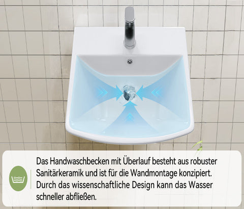 HOROW F08R-S4842W Waschbecken aus Keramik– Weißes Aufsatzwaschbecken mit Überlauf & 1 Hahnloch, 48×42 cm