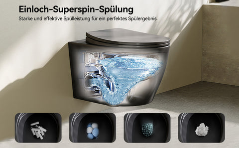 HOROW UG09R-B Wand-WC spülrandlos | WC Sitz mit Absenkautomatik | Superspin Spülung | schwarz | Geräuscharmes Spülen | Keramik