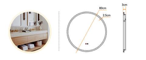 HOROW M80R LED Spiegel Rund 80 cm – Dimmbar, 3 Lichtfarben, Antibeschlag, IP44, Rahmenlos