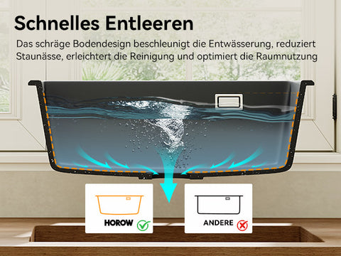 HOROW A09R-S6045B Granit Spülbecken Schwarz – Einbauspüle mit 1 Becken & Hahnloch, Küchenspüle inkl. Siphon, Großes Küchenwaschbecken 60×45 cm