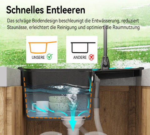HOROW A09S-S5745B Granitspüle Schwarz 57×45 cm – Einbauspüle mit Siphon & Überlauf, reversibel, 1 Becken
