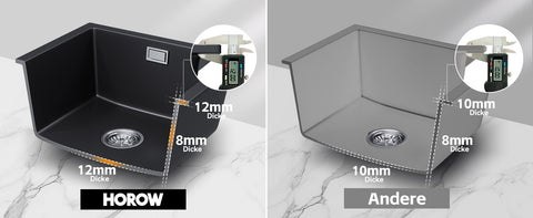 HOROW A02R-S4540B Granit Spüle Schwarz– Einbauspüle mit Siphon & Ablauf, Quarz-Komposit, ohne Wasserhahn, 45×40 cm