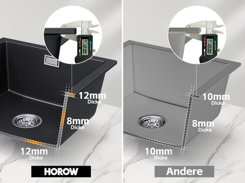 HOROW A02R-S4540B Granit Spüle Schwarz– Einbauspüle mit Siphon & Ablauf, Quarz-Komposit, ohne Wasserhahn, 45×40 cm