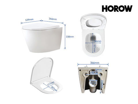 HOROW UG10R Wand-WC mit Absenkautomatik | Leise Spülung & Wassersparend | Superspin | 53,9 cm – Weiß