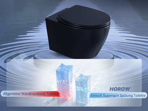 HOROW UG09R-B Wand-WC spülrandlos | WC Sitz mit Absenkautomatik | Superspin Spülung | schwarz | Geräuscharmes Spülen | Keramik