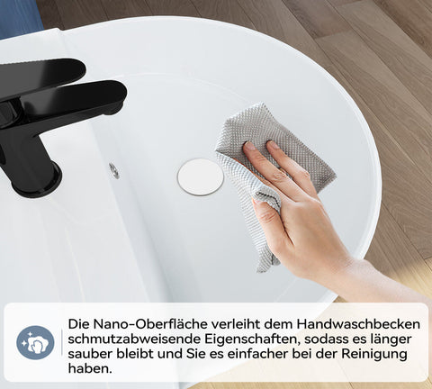 HOROW F08R-R5044W Keramik Waschbecken Weiß mit Überlauf & Hahnloch, Wandhängendes Handwaschbecken, 50 cm Oval