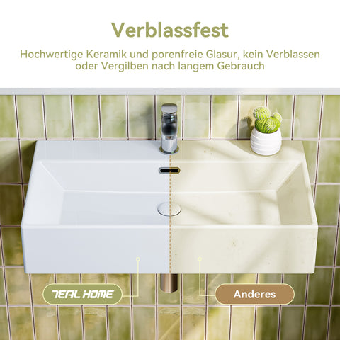 HOROW UV7542W Waschbecken aus Keramik, rechteckig , modernes Design mit Pop-up Ventil, 75 x 42 x 14 cm