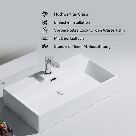 HOROW UV7542W Waschbecken aus Keramik, rechteckig , modernes Design mit Pop-up Ventil, 75 x 42 x 14 cm