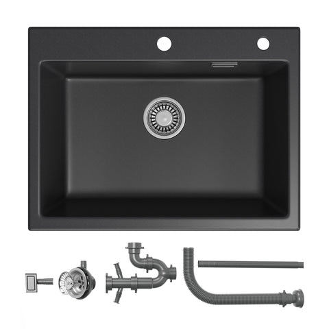 HOROW A09R-S6045B Granit Spülbecken Schwarz – Einbauspüle mit 1 Becken & Hahnloch, Küchenspüle inkl. Siphon, Großes Küchenwaschbecken 60×45 cm