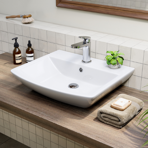 HOROW F08R-S4842W Waschbecken aus Keramik– Weißes Aufsatzwaschbecken mit Überlauf & 1 Hahnloch, 48×42 cm