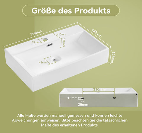 HOROW UV7542W Waschbecken aus Keramik, rechteckig , modernes Design mit Pop-up Ventil, 75 x 42 x 14 cm