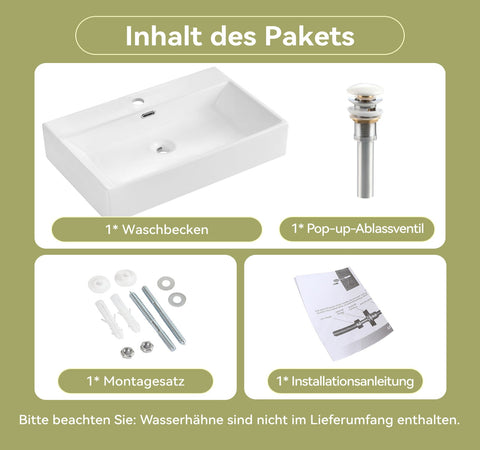 HOROW UV7542W Waschbecken aus Keramik, rechteckig , modernes Design mit Pop-up Ventil, 75 x 42 x 14 cm