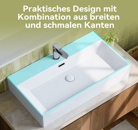 HOROW UV7542W Waschbecken aus Keramik, rechteckig , modernes Design mit Pop-up Ventil, 75 x 42 x 14 cm