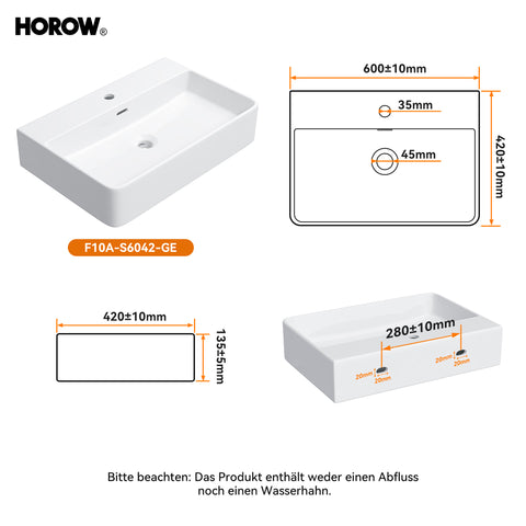 HOROW F10A-S6042 Waschbecken 60 cm mit Hahnloch & Überlauf