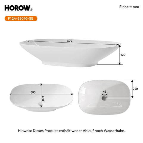 HOROW F12A-S6040 Aufsatzwaschbecken, 60×40 cm, Weiß, Dünnrand, Nano-Beschichtung