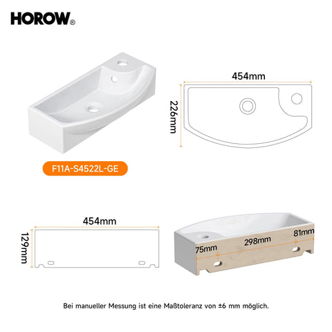 HOROW F11A-S4522L Waschbecken mit Hahnloch & Überlauf, 45 cm Weiße Keramik