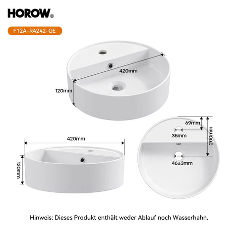 HOROW F12A-R4242 Rundes Aufsatzwaschbecken, 42 cm, Weiß, Hahnloch & Überlauf