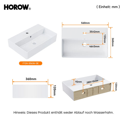 HOROW F12A-S5636 Aufsatzwaschbecken, Hahnloch & Überlauf, 28 cm Lochabstand