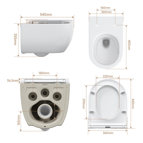 HOROW UG16R Spülrandloses Wand-WC mit Soft-Close-Deckel, 54×36×35,5 cm