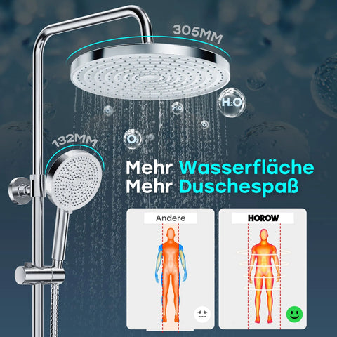HOROW LYHS02H Duschsystem mit Thermostat – 30 cm Rundkopf, 5 Modi, Keramikventilkern, Chrom