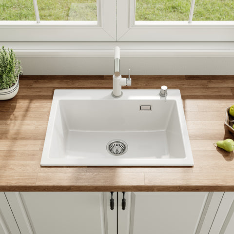 HOROW A09R-S6045W Granitspüle 60 × 45 cm, kratzfest, eckiges Einbauspülbecken09R-S6045W-GE