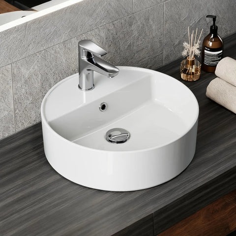 HOROW F12A-R4242 Rundes Aufsatzwaschbecken, 42 cm, Weiß, Hahnloch & Überlauf