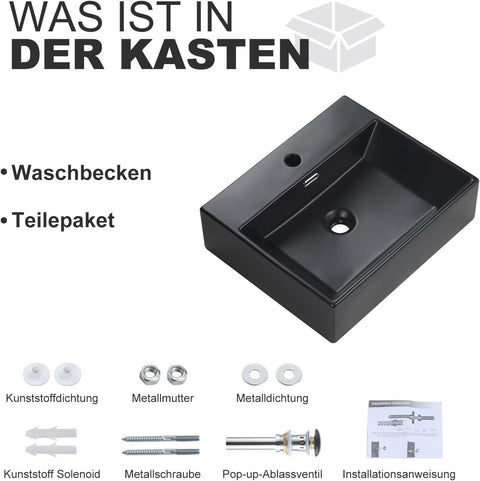 Aufsatzwaschbecken Mattschwarz Keramik Eckig mit Hahnloch