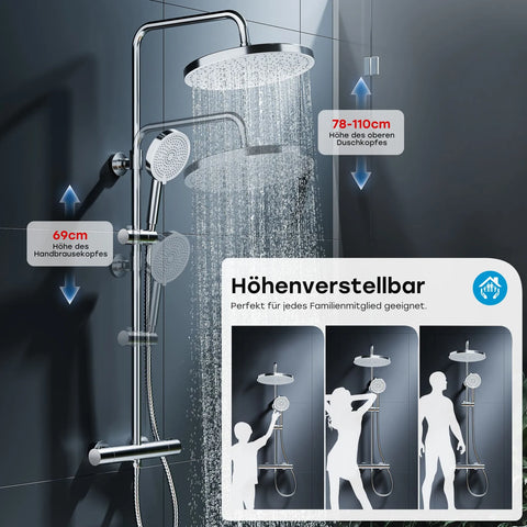 HOROW LYHS02H Duschsystem mit Thermostat – 30 cm Rundkopf, 5 Modi, Keramikventilkern, Chrom