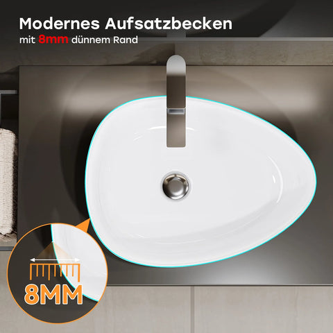 HOROW F12A-T4735  Aufsatzwaschbecken ohne Hahnloch & Überlauf, 47×35 cm Weiß Keramik