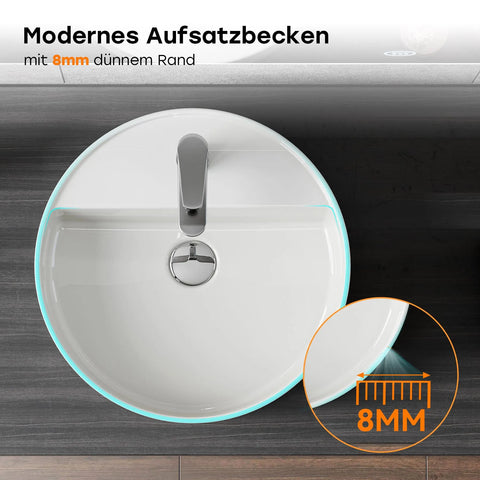HOROW F12A-R4242 Rundes Aufsatzwaschbecken, 42 cm, Weiß, Hahnloch & Überlauf