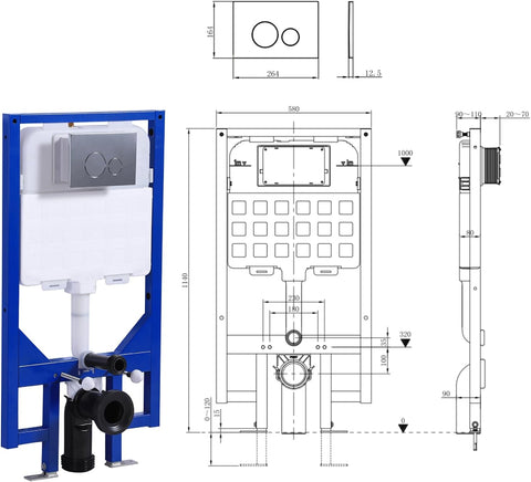 Vorwandelement WC Set mit HDPE Spülkasten & Chrom Drückerplatte, 58x8x114 cm