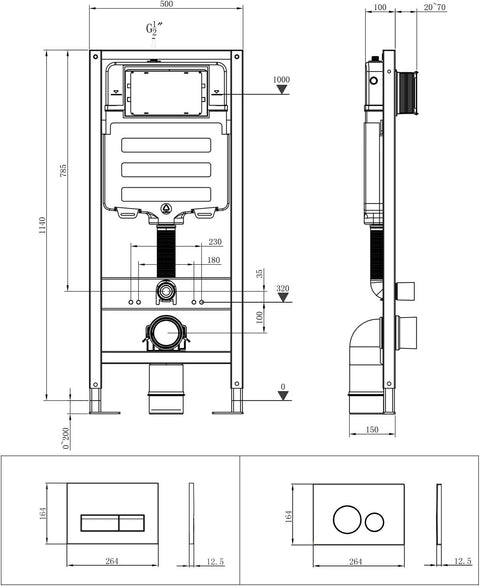 Vorwandelement WC Set mit Unterputz Spülkasten & Chrom Betätigungsplatte, HDPE, 50x10x114 cm