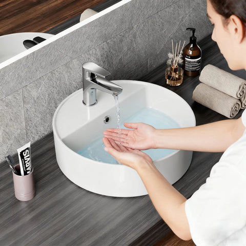 HOROW F12A-R4242 Rundes Aufsatzwaschbecken, 42 cm, Weiß, Hahnloch & Überlauf