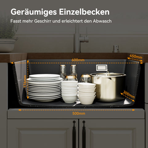 HOROW A09R-S6045B Granit Spülbecken Schwarz 60×45 cm