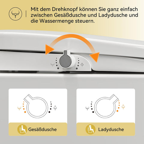 Hängendes WC mit Bidet-Aufsatz - Doppel-Düsen-Reinigung, ohne Stromanschluss