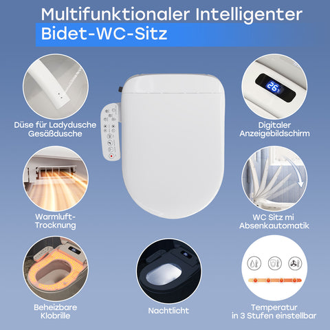 HOROW B0408 Elektrischer Dusch-WC Sitz – Intelligenter Bidet-Toilettensitz mit Absenkautomatik, Warmluft, Nachtlicht & einstellbarer Temperatur und Wasserdruck