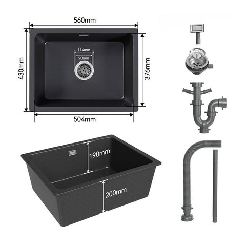 HOROW A02R-S5643B Granitspüle Schwarz 56×43 cm, Kratzfest, eckig, pflegeleicht