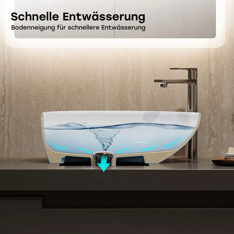 HOROW F12A-T4735  Aufsatzwaschbecken ohne Hahnloch & Überlauf, 47×35 cm Weiß Keramik