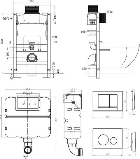 Vorwandelement WC Set mit Unterputz Spülkasten & Betätigungsplatte - HDPE & Bemaltes Eisen - 50x12x82 cm