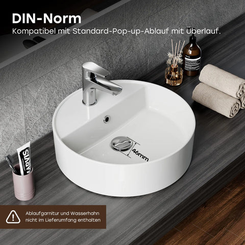 HOROW F12A-R4242 Rundes Aufsatzwaschbecken, 42 cm, Weiß, Hahnloch & Überlauf
