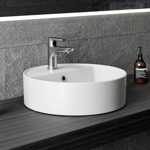 HOROW F12A-R4242 Rundes Aufsatzwaschbecken, 42 cm, Weiß, Hahnloch & Überlauf