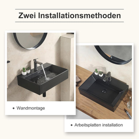 Aufsatzwaschbecken Mattschwarz Keramik Eckig mit Hahnloch